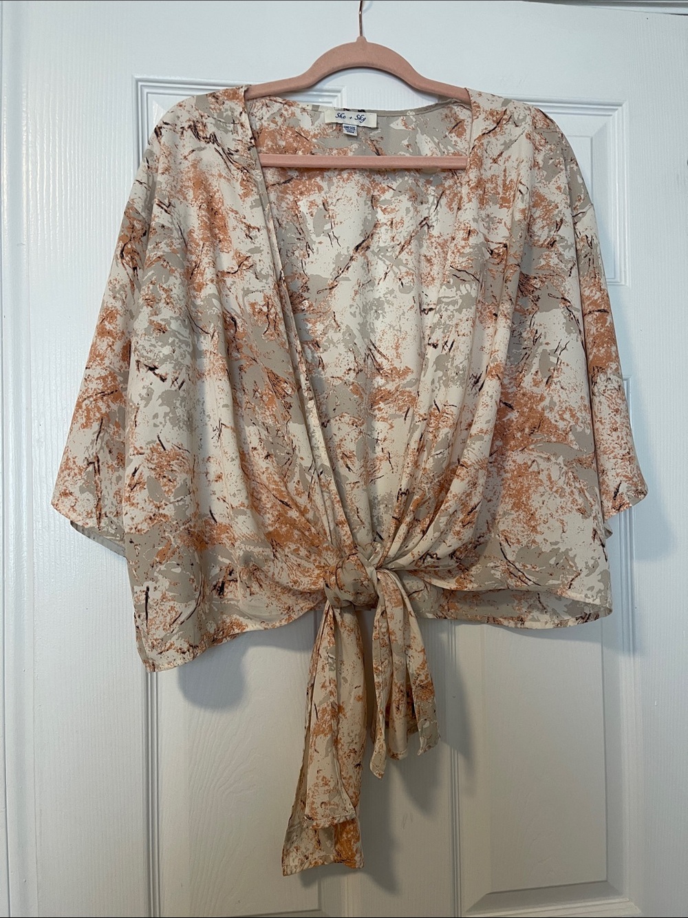 She + Sky Cream Tie-Front Floral Print Blouse with Rust Accents